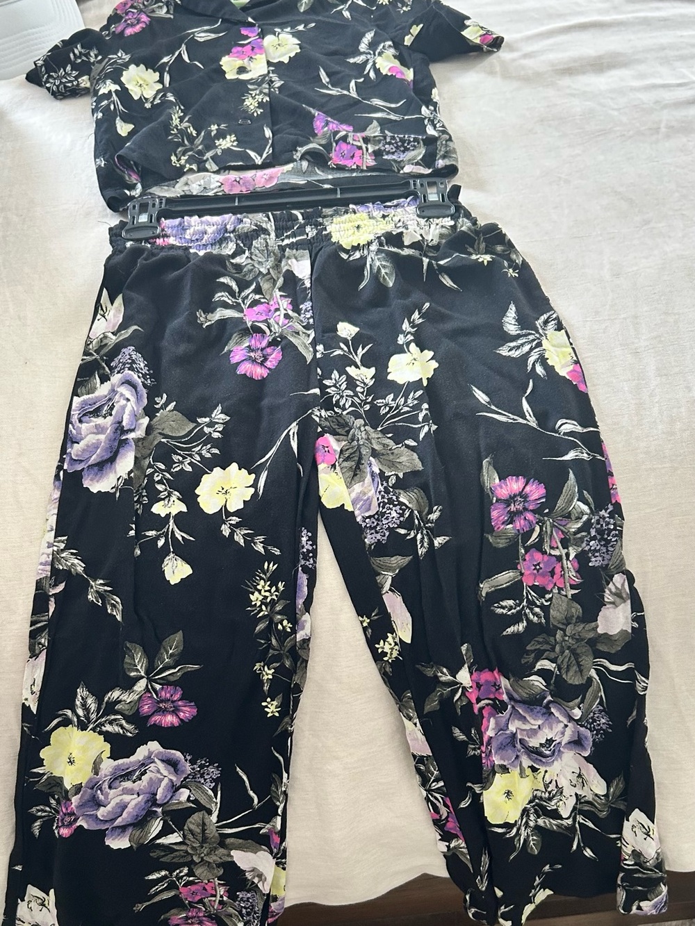 love, fire Black and Gray Floral Sleep Top with Pink Accents